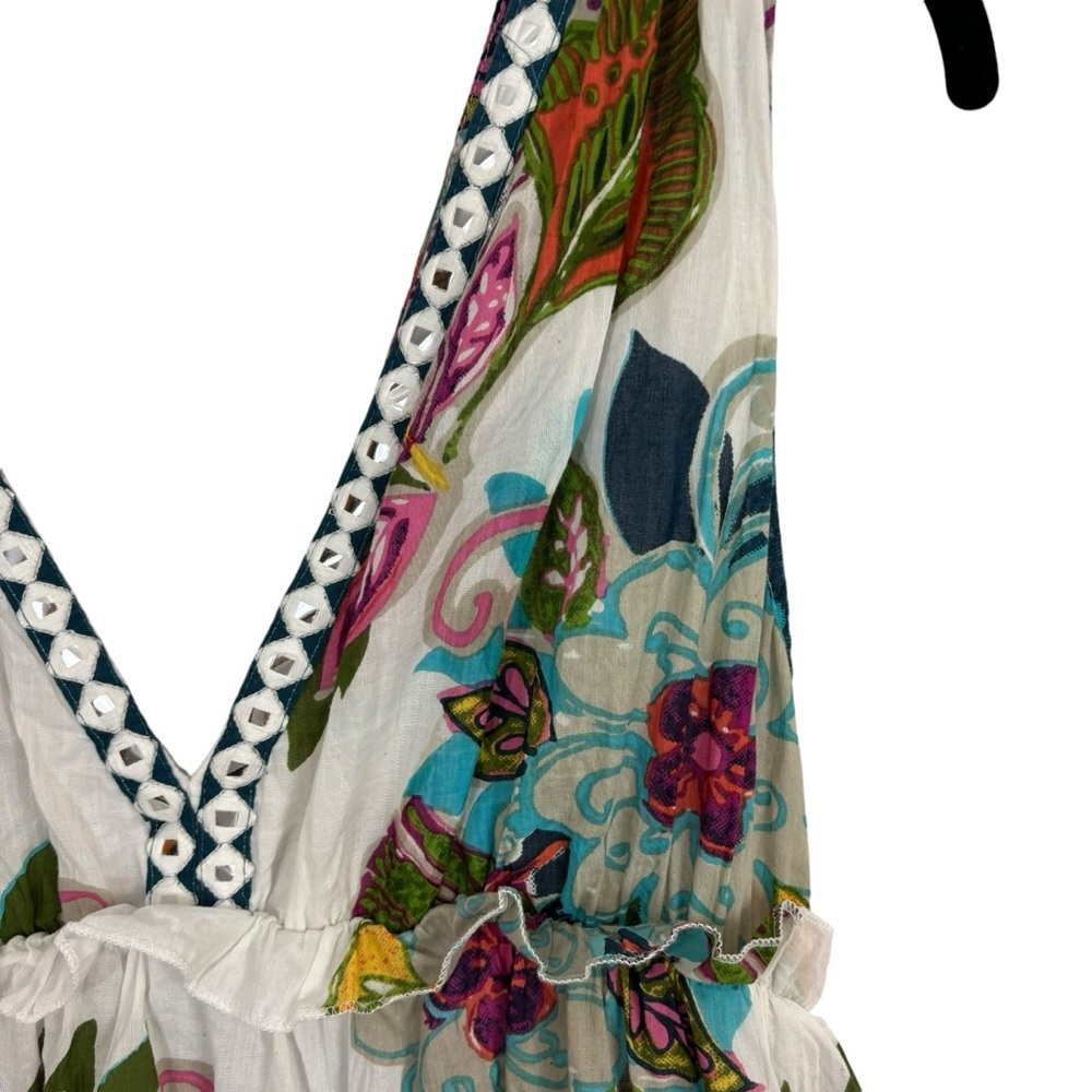RAGA Dress Hibiscus Palms Cotton Peasant Floral Tiered V-neck Maxi‎ Size L - Picture 6 of 8